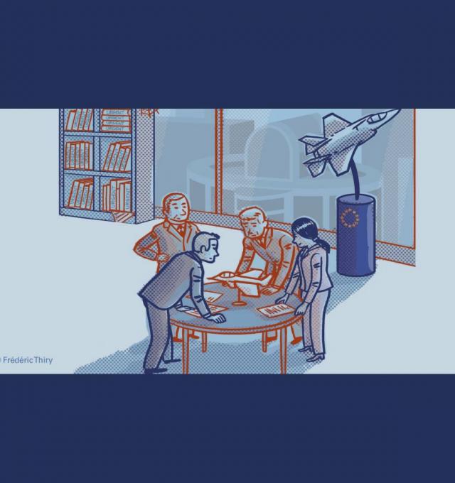 lobbyisten rond een tafel in de europese instellingen bepalen het Europees veiligheidsbeleid